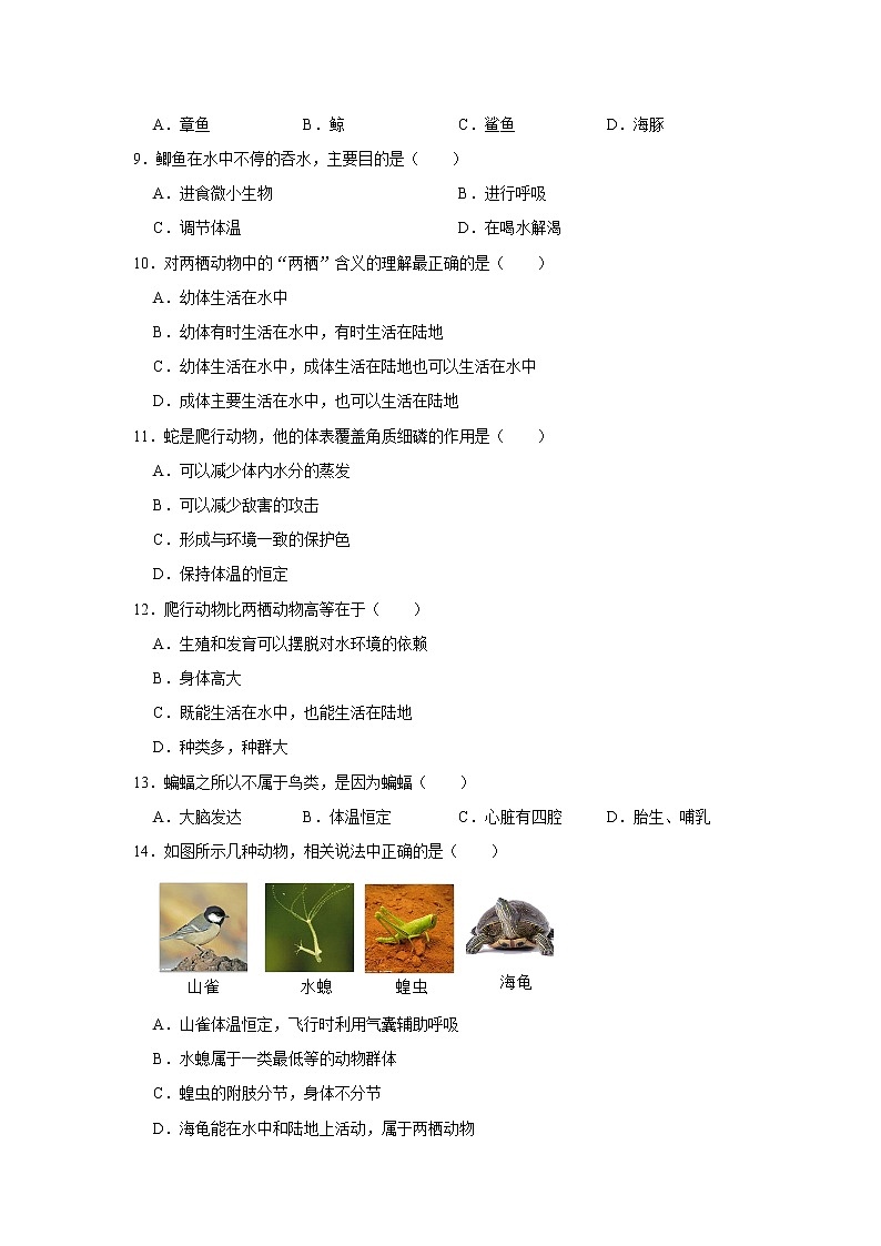 天津市河西区2021-2022学年上学期八年级期中生物【试卷+答案】第2页