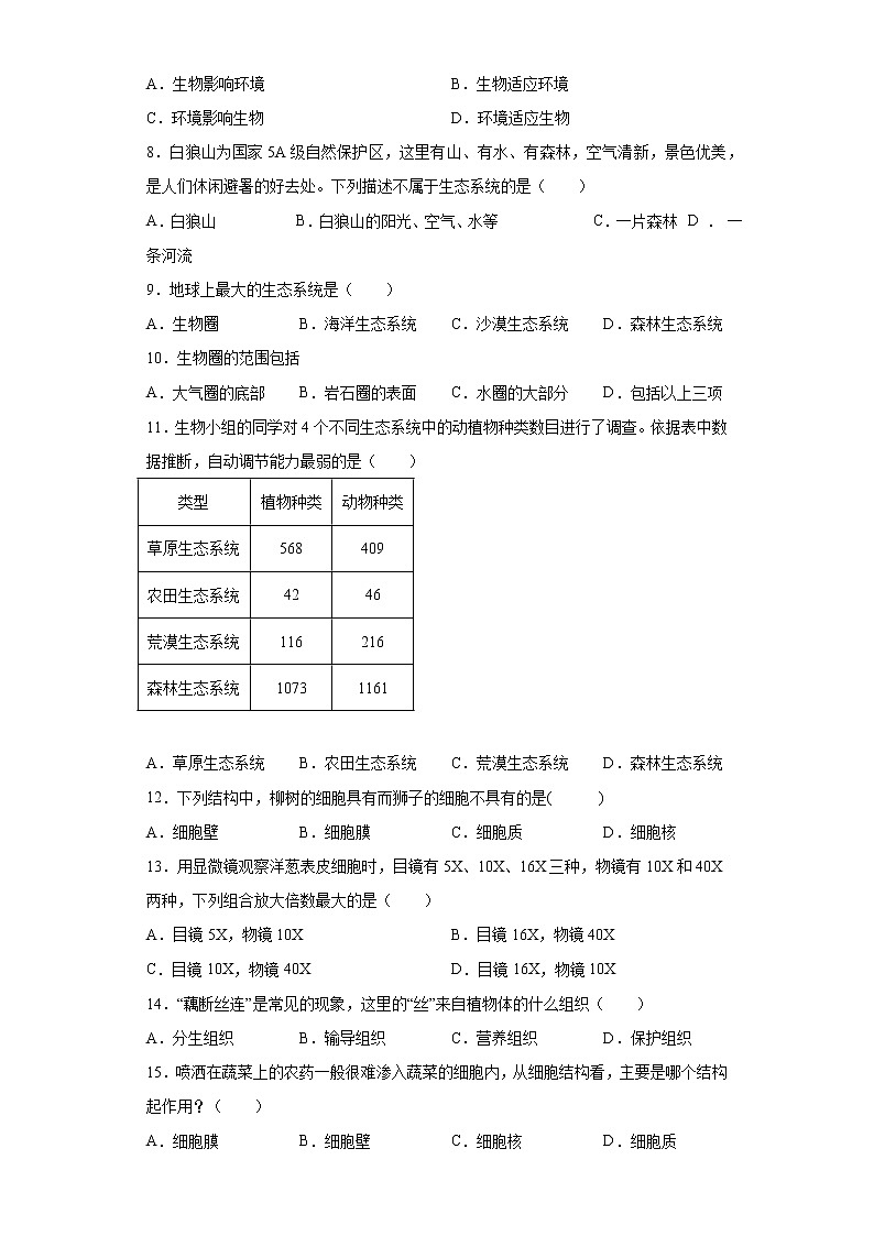 辽宁省葫芦岛市建昌县2021-2022学年七年级上学期期中检测生物试题（word版 含答案）02