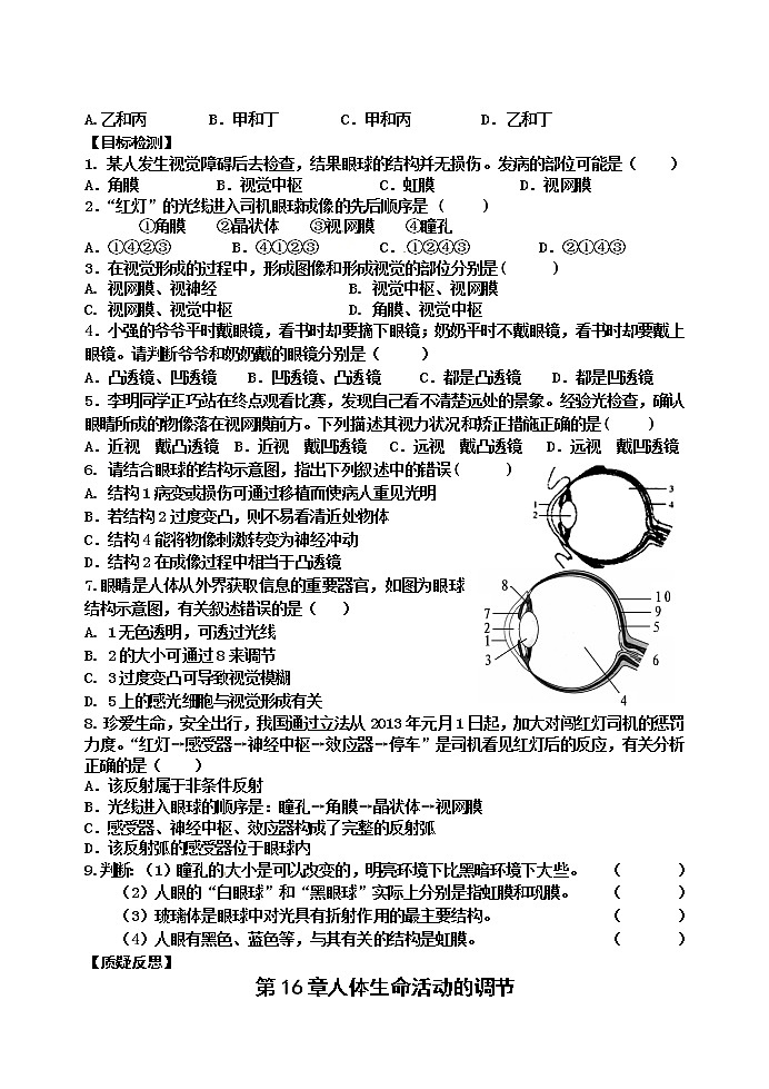苏科版八年级生物上册导学案：16.2 人体对信息的感知02
