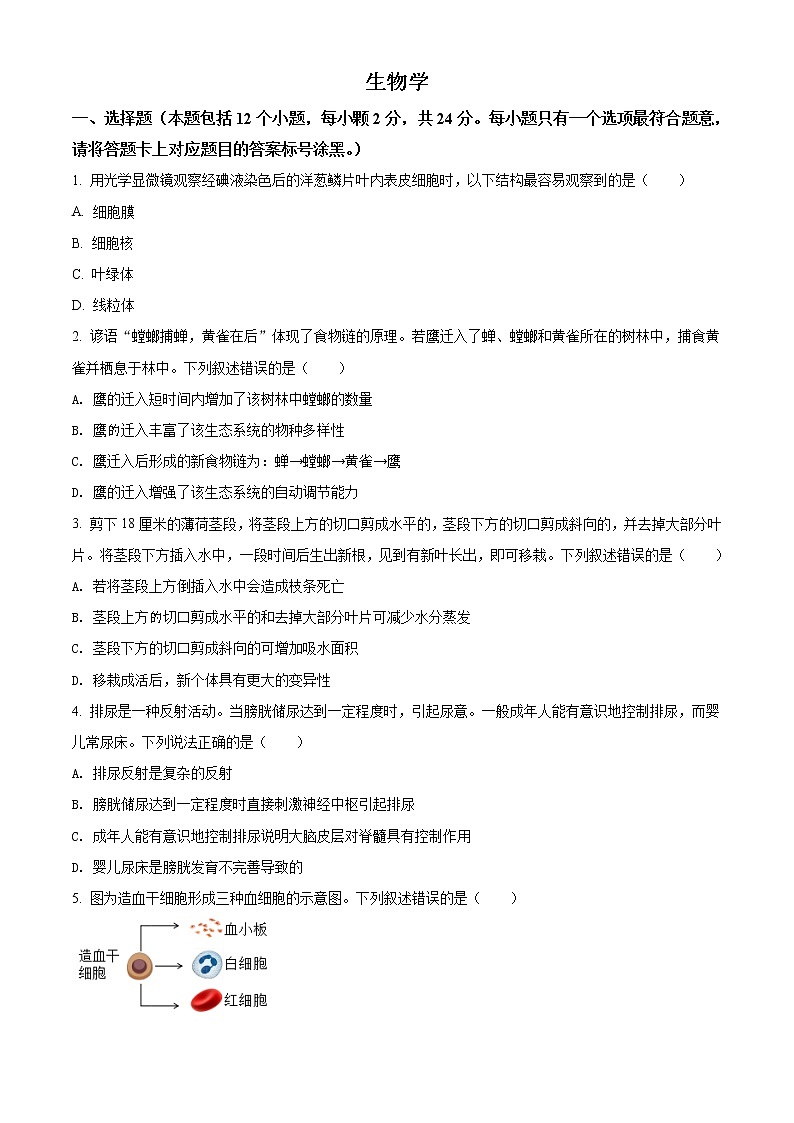 2021年内蒙古包头市中考生物试题（原卷+解析）01