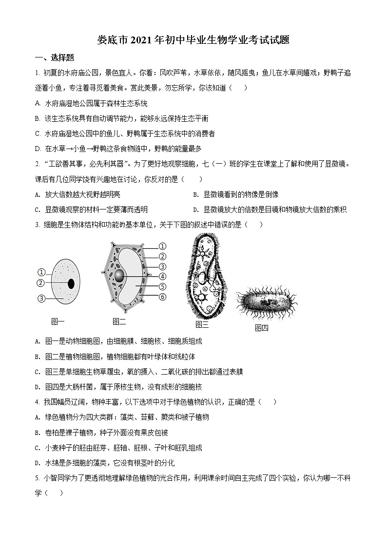 2021年湖南省娄底市中考生物试题（原卷版）第1页