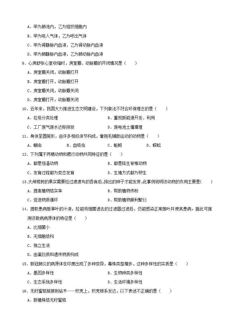 2021年湖南省岳阳市中考生物真题（含解析）02