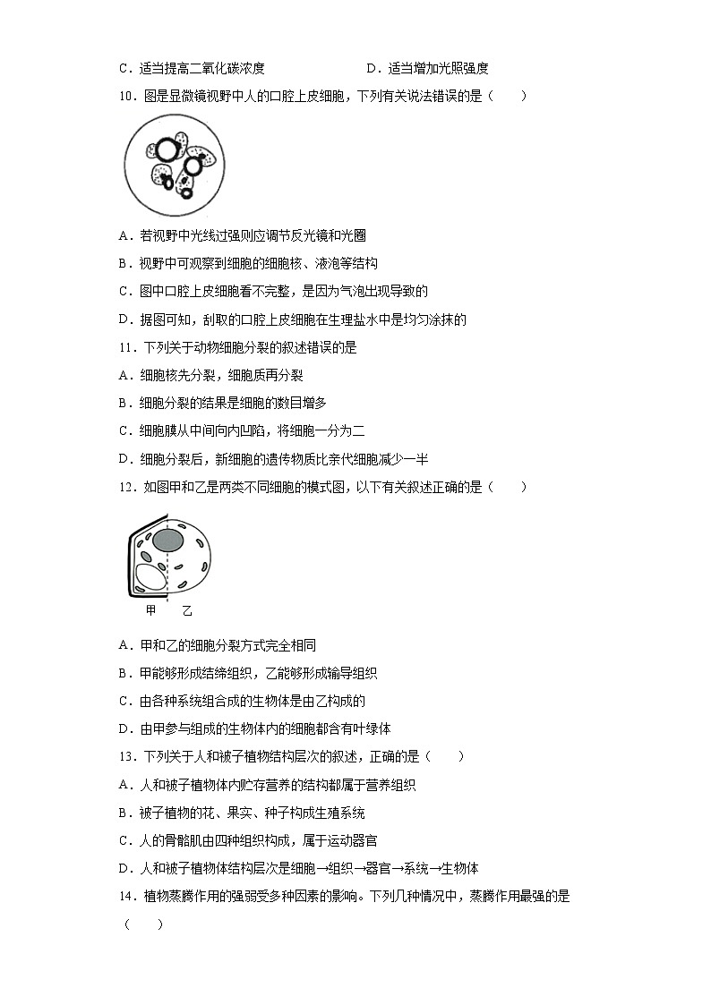 山东省滨州市无棣县2021-2022学年七年级上学期期中考试生物试题（word版 含答案）03