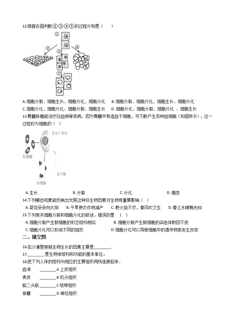 沪教版八年级上册生命科学 第一章 人体生命活动的基本条件 练习题02