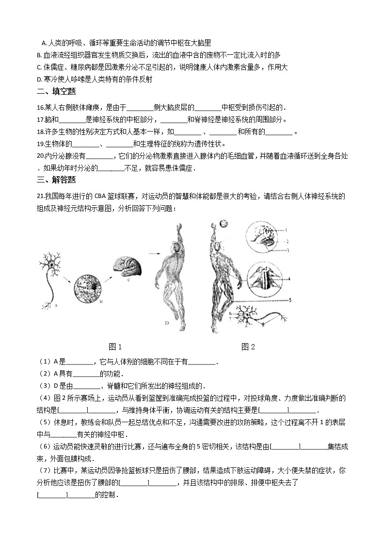 沪教版八年级上册生命科学 第二章 人体生命活动的调节 练习题第2页