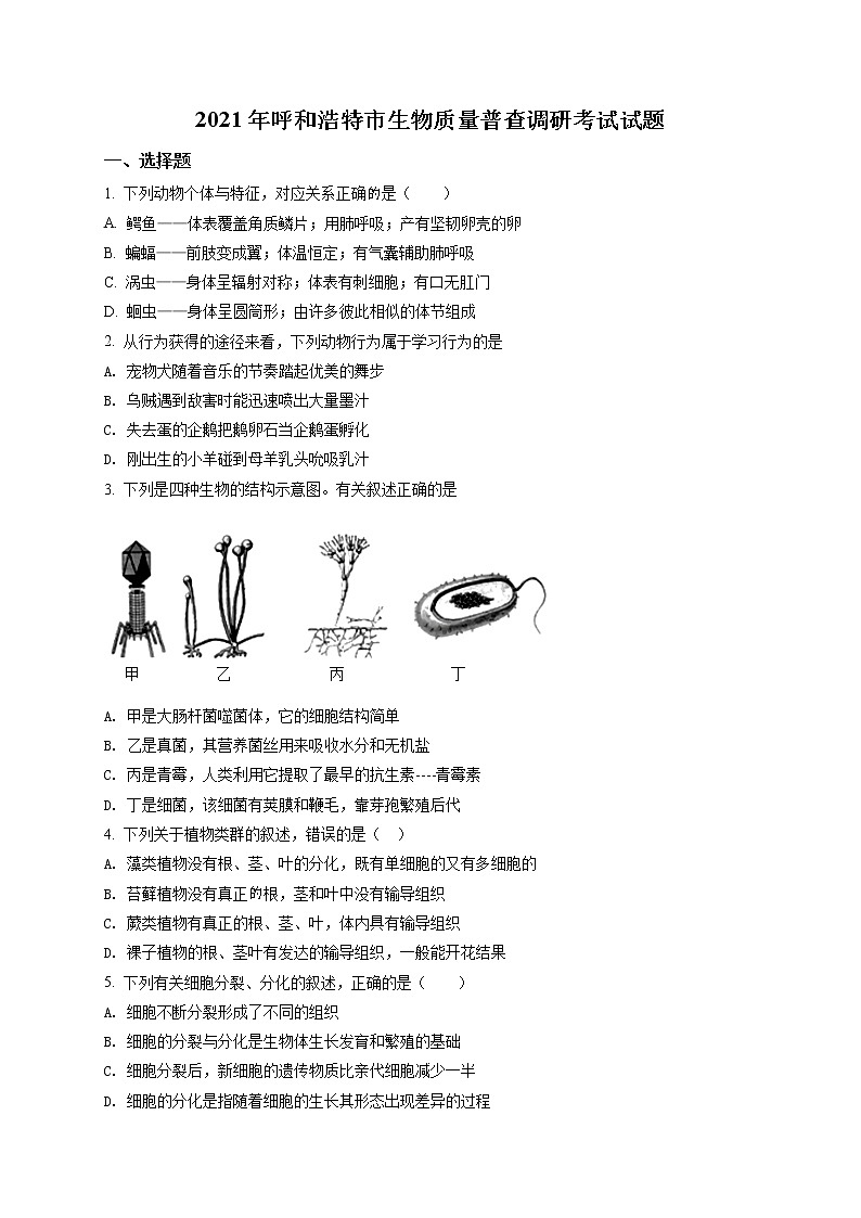 精品解析：2021年内蒙古自治区呼和浩特市一模生物试题（原卷版）第1页