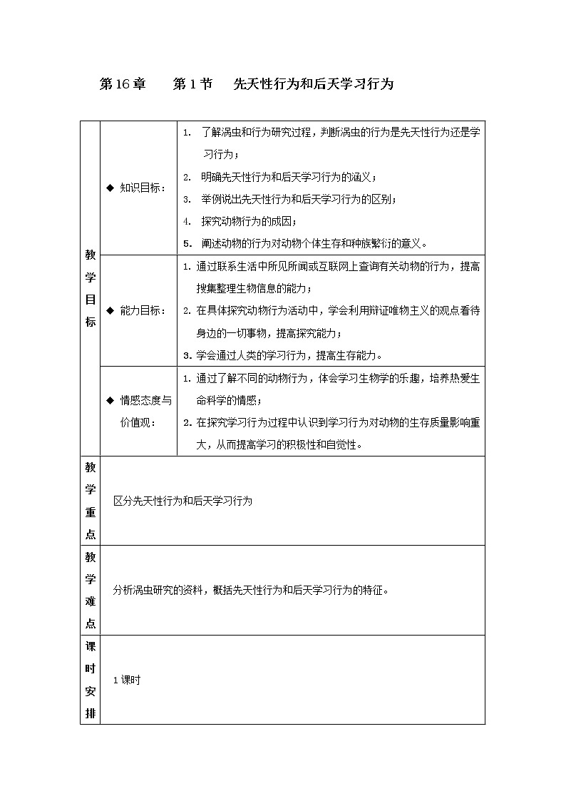 北师大版生物八年级上册 第16章 第1节 先天性行为和后天学习行为(6)（教案）01