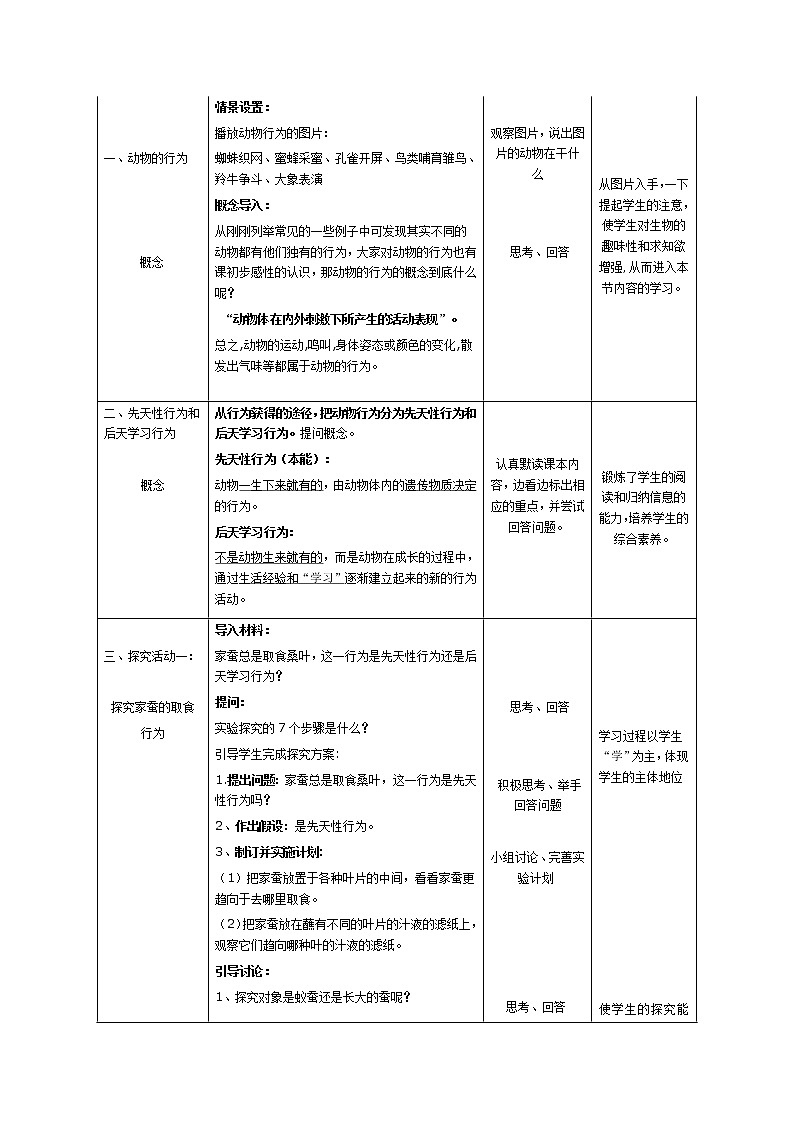 北师大版生物八年级上册 第16章 第1节 先天性行为和后天学习行为（教案）02