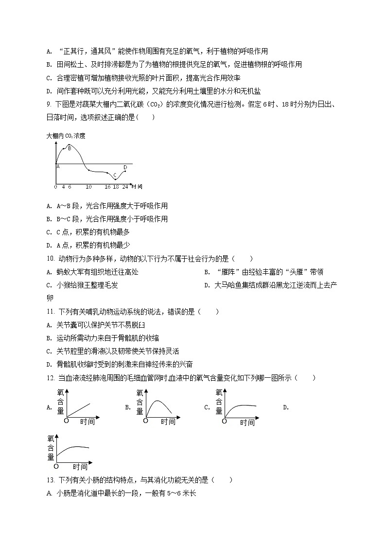 精品解析：2020年山东省潍坊高密市八年级中考一模生物试题（原卷版）第3页