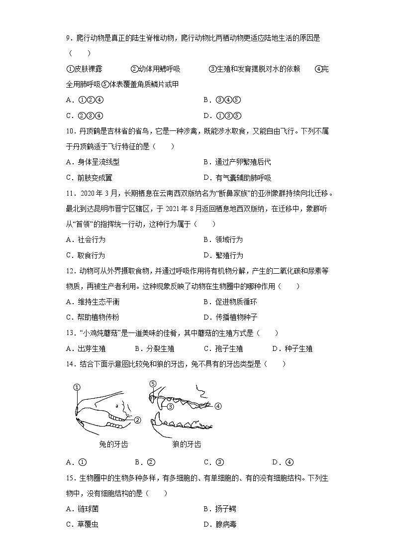 吉林省长春市九台区2021-2022学年八年级上学期期中生物试题（word版 含答案）第2页