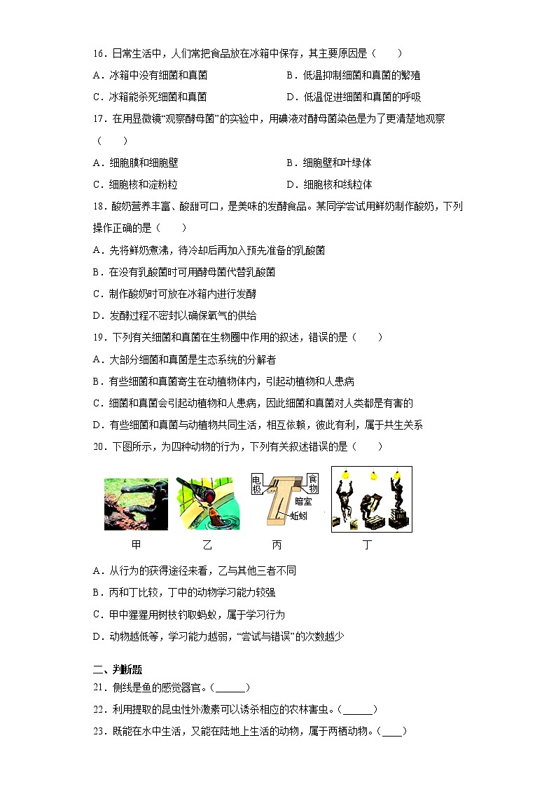 吉林省长春市九台区2021-2022学年八年级上学期期中生物试题（word版 含答案）第3页