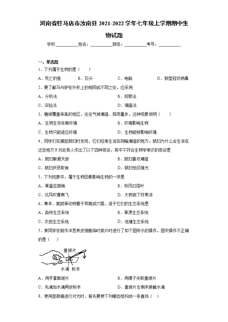 河南省驻马店市汝南县2021-2022学年七年级上学期期中生物试题（word版 含答案）01