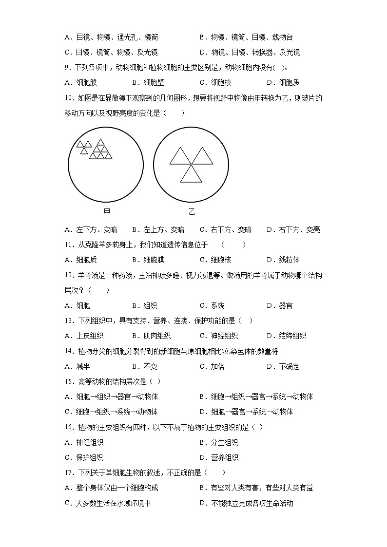 河南省驻马店市汝南县2021-2022学年七年级上学期期中生物试题（word版 含答案）02
