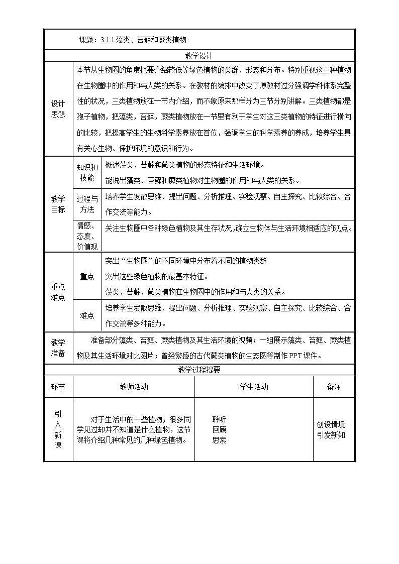 七年级上生物 3-1-1藻类、苔藓和蕨类植物 教案人教版01