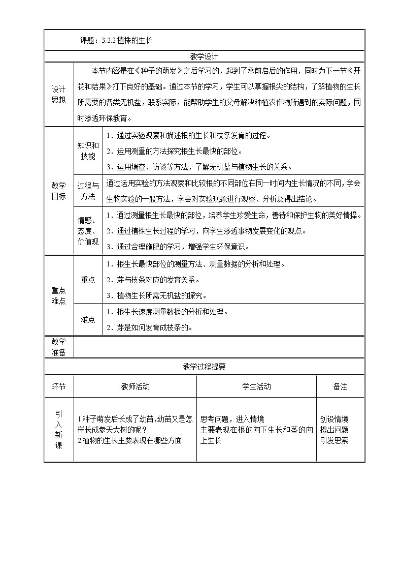 七年级上生物 3-2-2植株的生长 教案人教版第1页