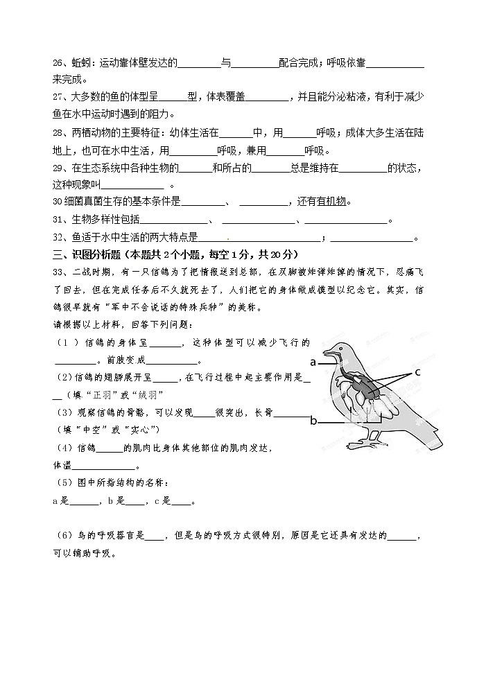 八年级上学期生物期末测试试卷及答案第3页