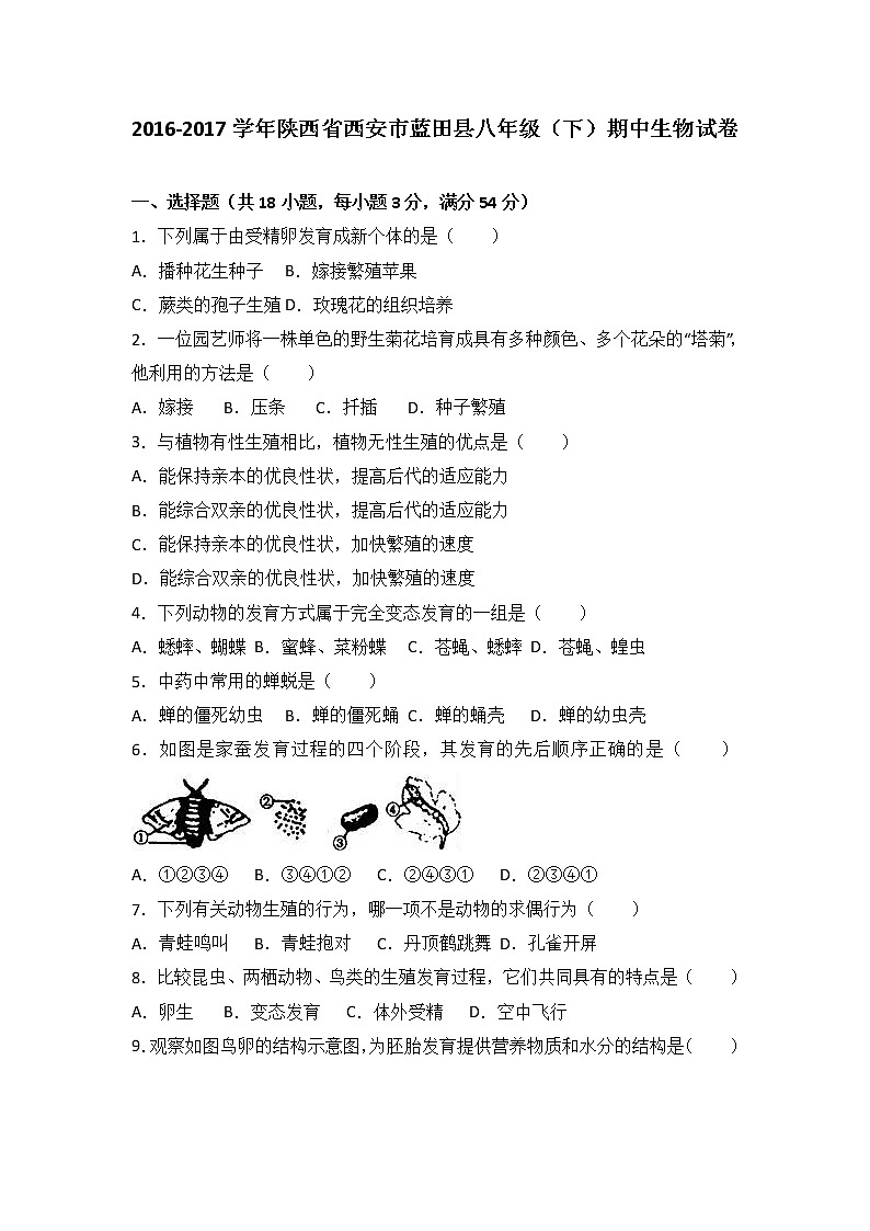 陕西省西安市蓝田县2016-2017学年八年级（下）期中生物试卷（解析版）01