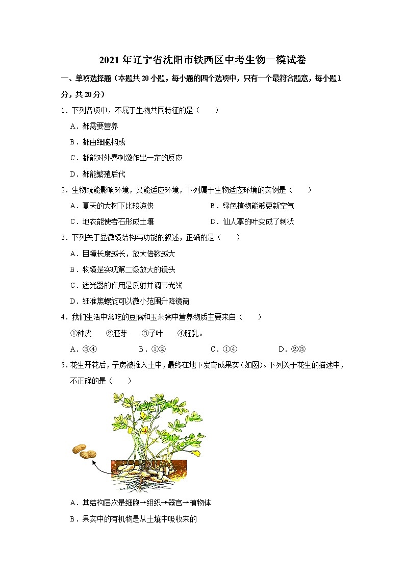 辽宁省沈阳市铁西区2021年中考生物一模试卷（解析版）01