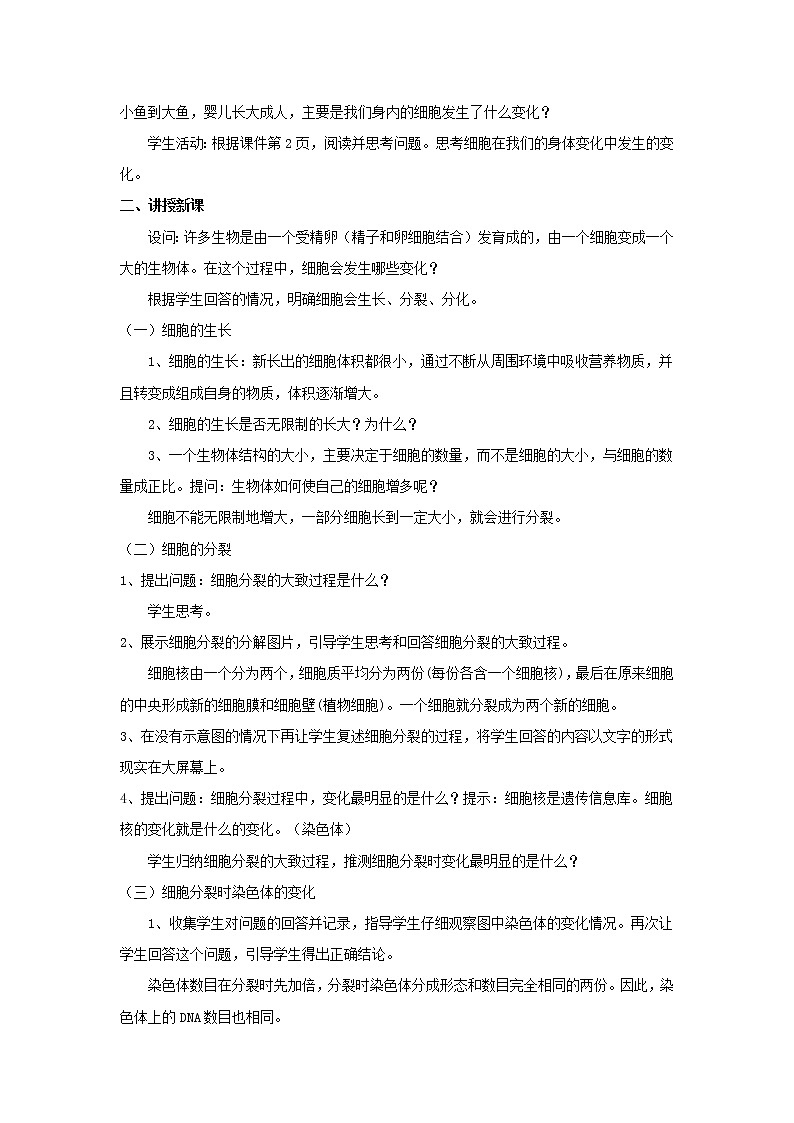 2.2.1 细胞通过分裂产生新细胞 教案 初中生物人教版 七年级上册（2021年）02