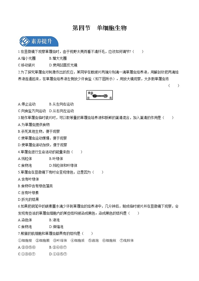 第2章  第4节　单细胞生物 课时练习 初中生物人教版七年级上册（2021年）01