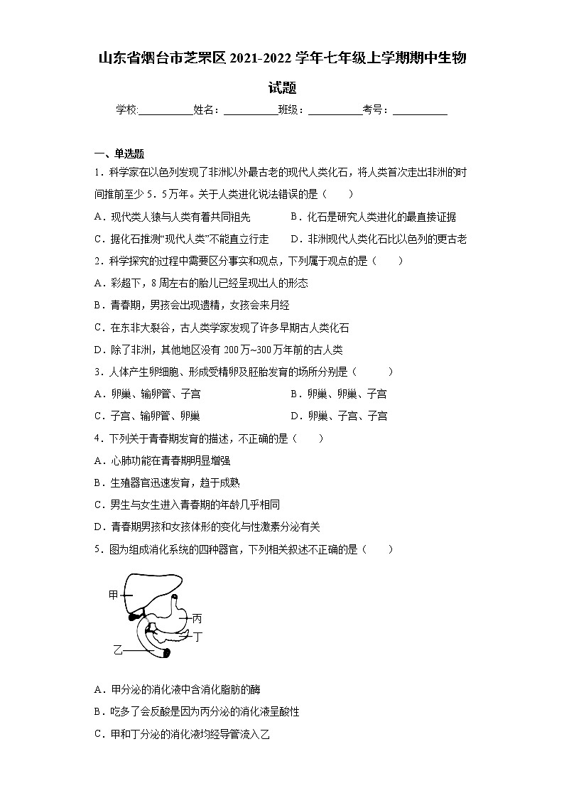 山东省烟台市芝罘区2021-2022学年七年级上学期期中生物试题(word版含答案)01