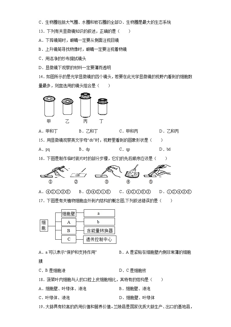 山东省临沂市兰陵县2021-2022学年七年级上学期期中生物试题(word版含答案)第3页