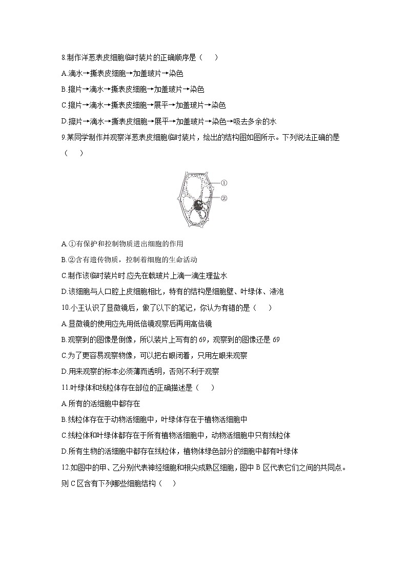 _2.3.1 细胞的基本结构和功能 同步练习 初中生物北师大版 七年级上册（2021年）第3页