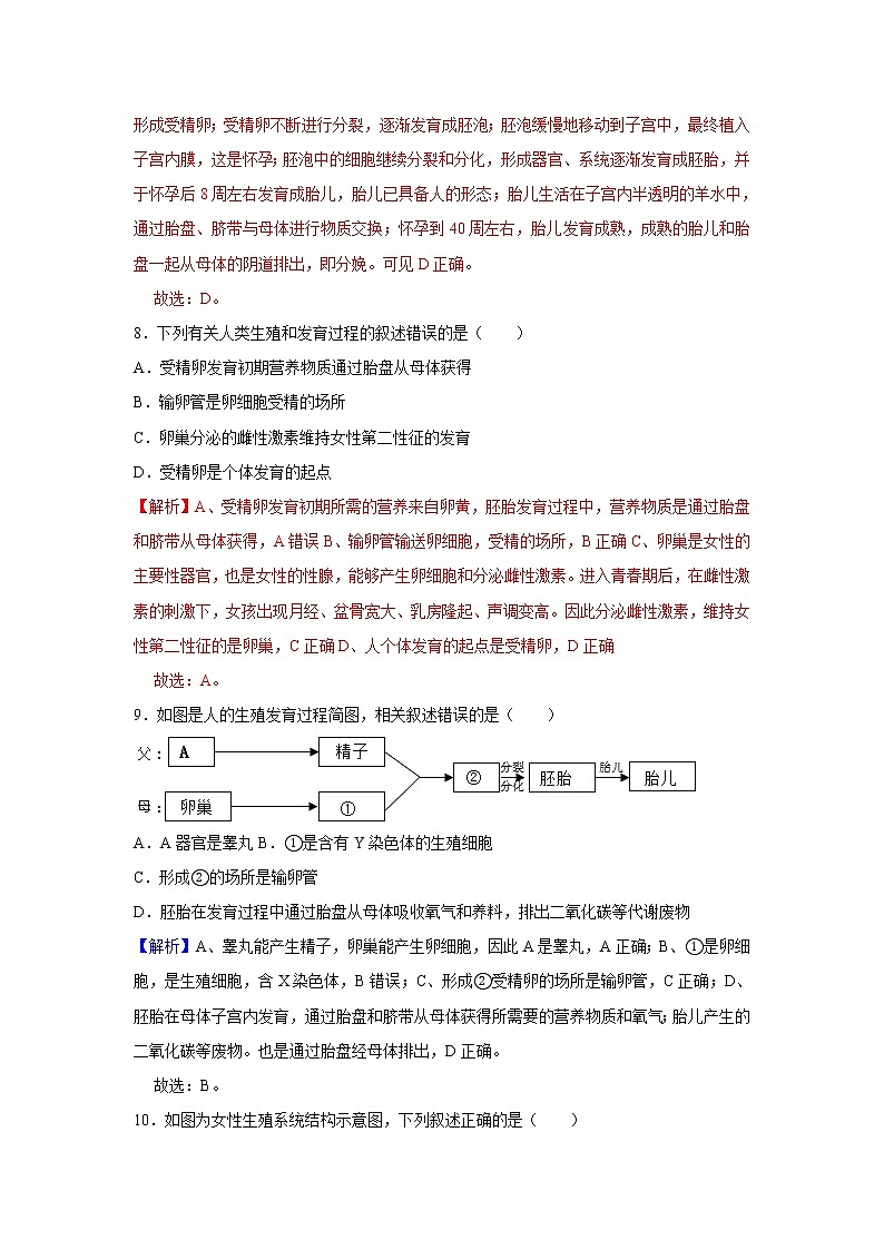 2021-2022学年初中生物济南版 八年级上册 4.3.1 婴儿的诞生 同步练习03