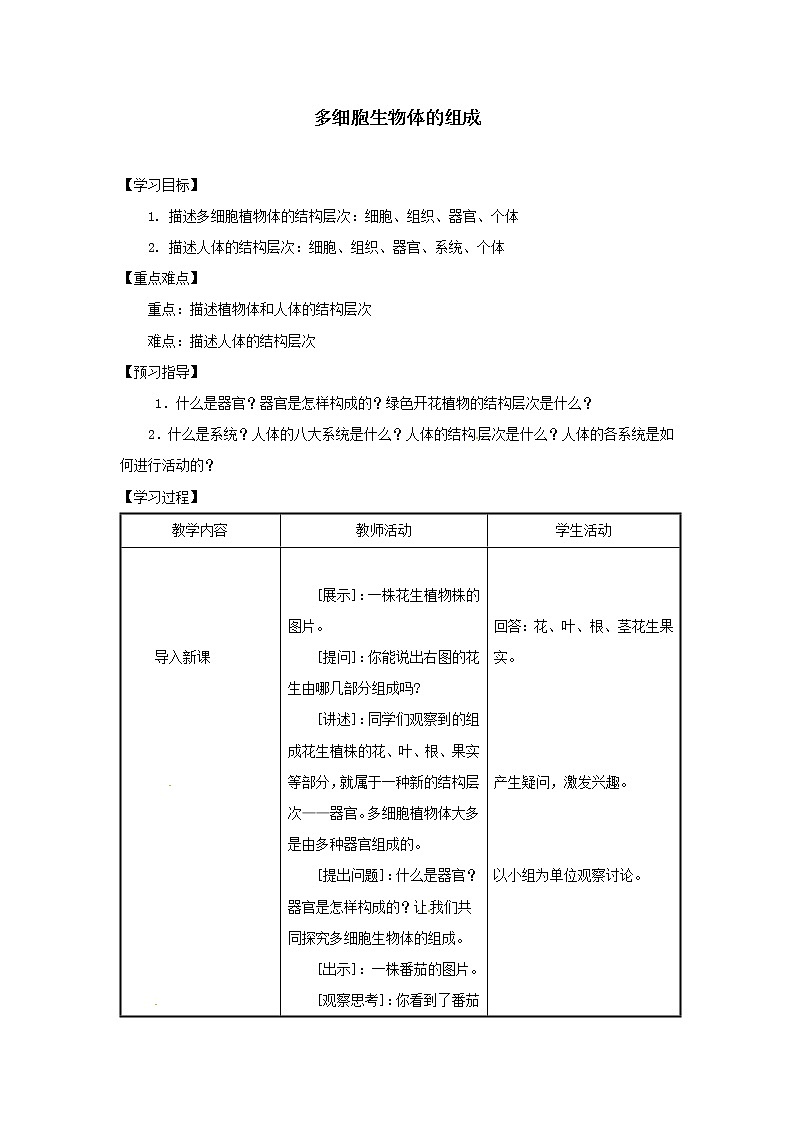 2021-2022学年初中生物苏教版七年级上册 4.2 多细胞生物体的组成 同步教案01