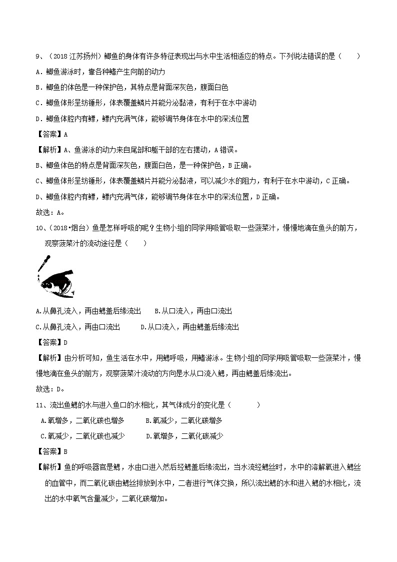 2021-2022学年初中生物鲁科版（五四学制）八年级上册 7.1.4 鱼类 同步练习03