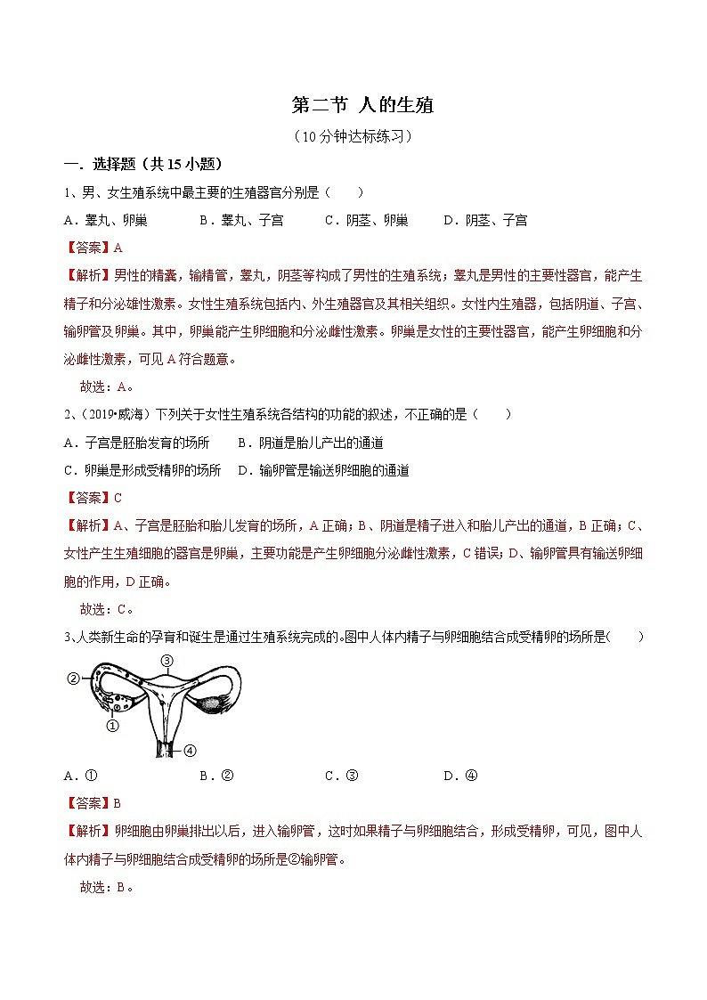 2020-2021学年初中生物鲁科版（五四学制）七年级上册 4.1.2 人的生殖 同步练习第1页