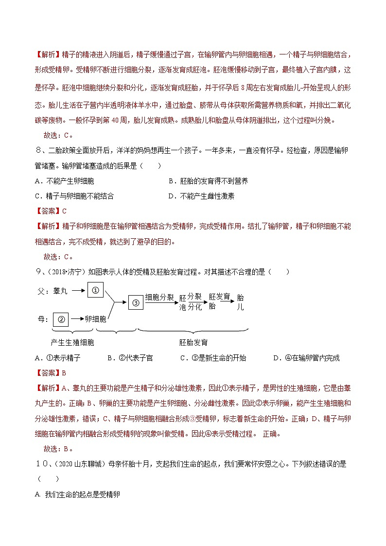 2020-2021学年初中生物鲁科版（五四学制）七年级上册 4.1.2 人的生殖 同步练习第3页