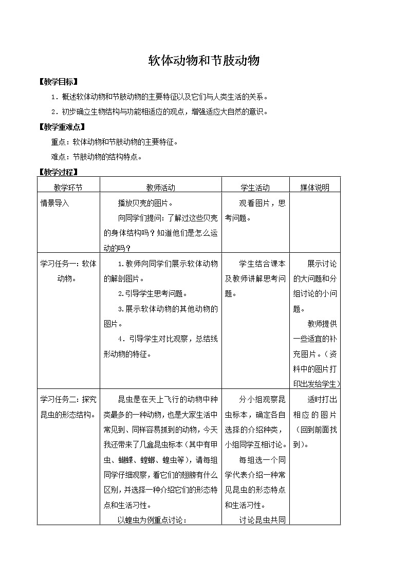 2021-2022学年初中生物鲁科版（五四学制）八年级上册 7.1.3 软体动物和节肢动物 同步教案01