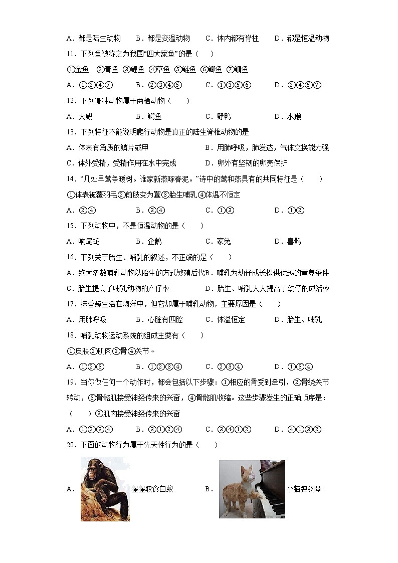 湖北省黄石市2021-2022学年八年级上学期期中生物试题（word版 含答案）第2页