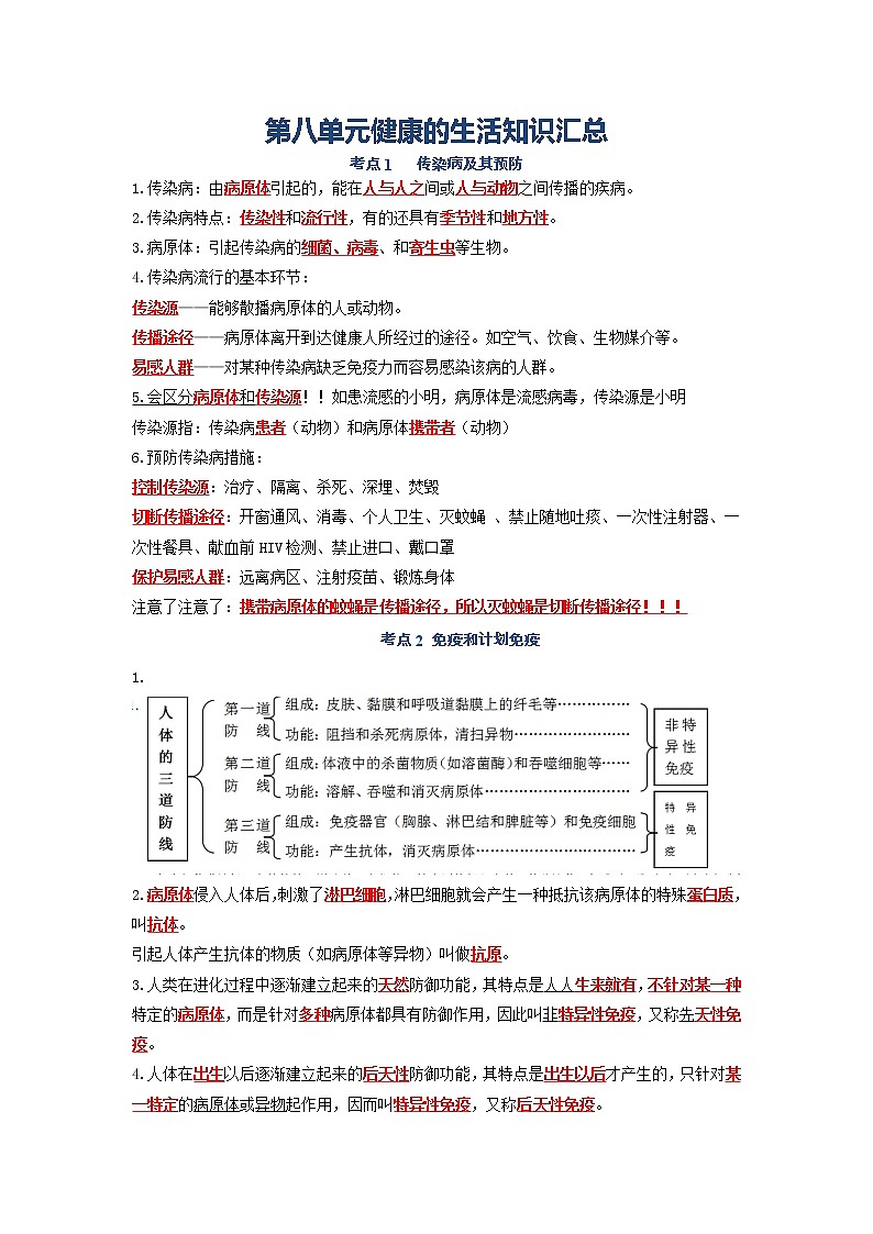 第八单元 健康的生活八年级生物下册单元复习知识汇总01