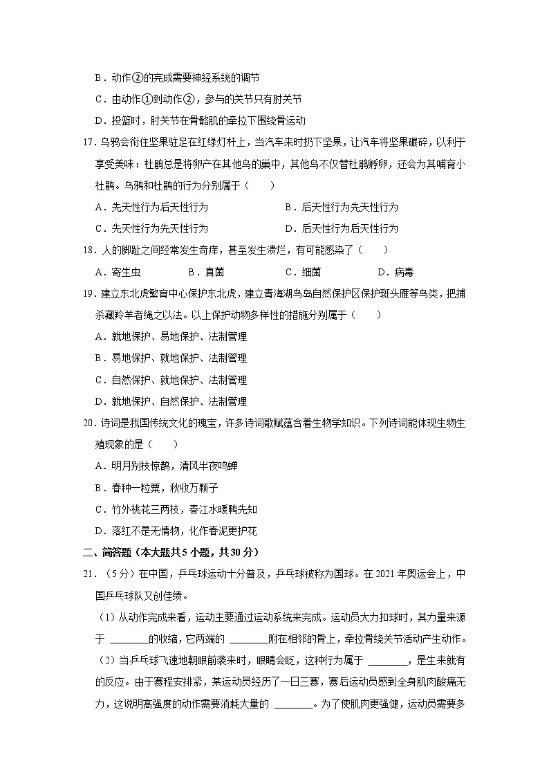 河南省驻马店九中2021-2022学年八年级上学期期中生物试卷（word版 含答案）03