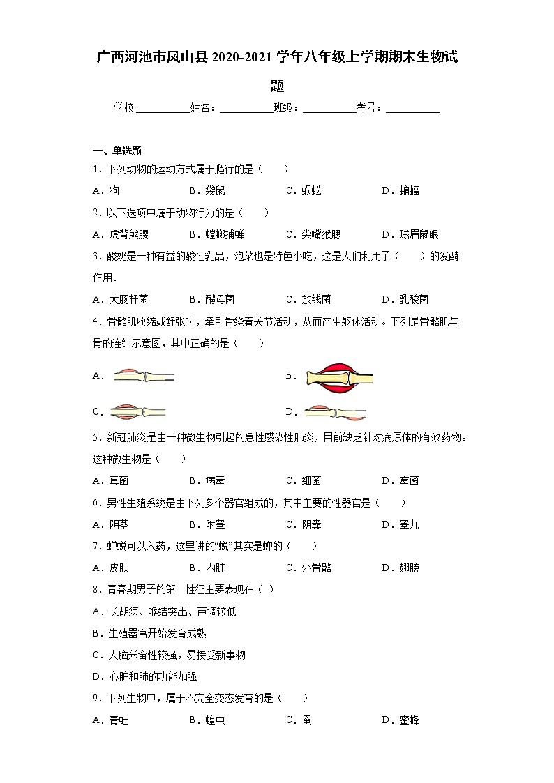 广西河池市凤山县2020-2021学年八年级上学期期末生物试题（word版 含答案）01