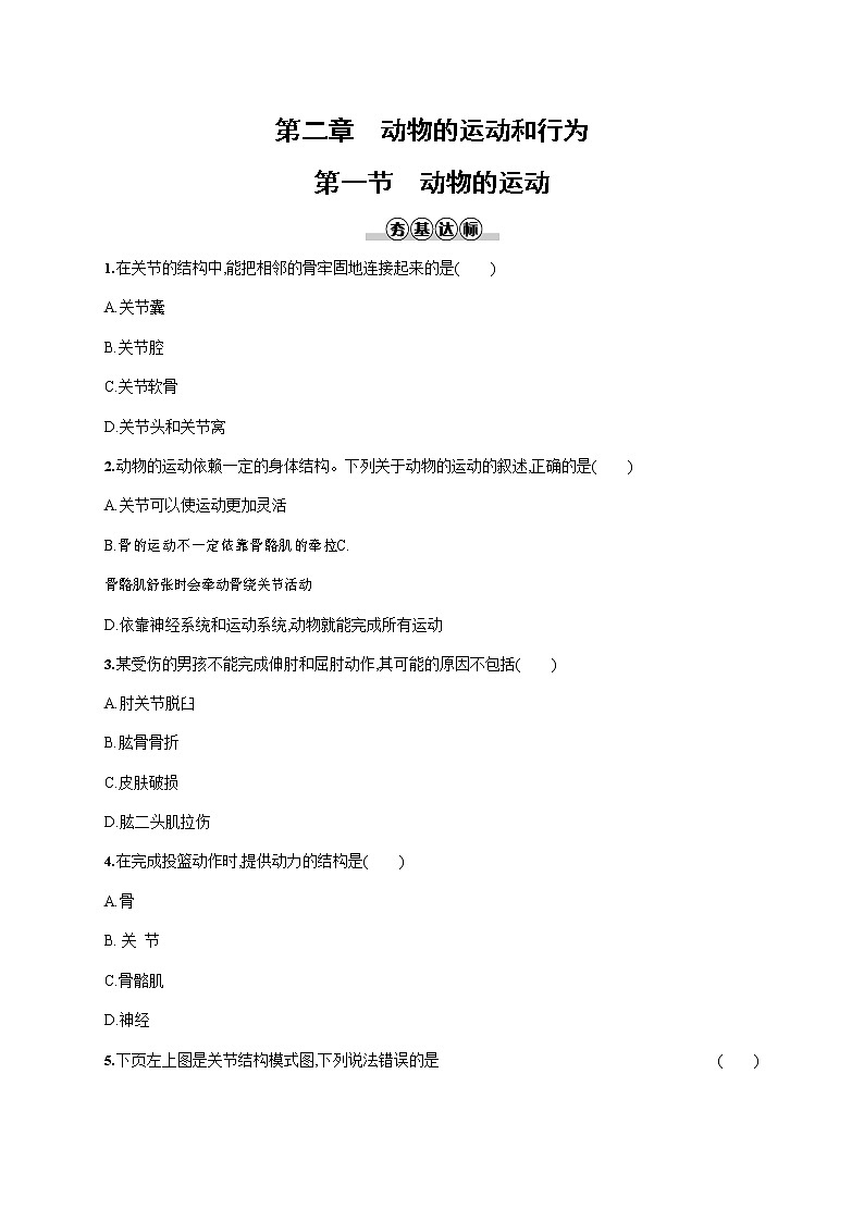 人教版八年级生物上册《5-2-1 动物的运动》作业同步练习题及参考答案第1页