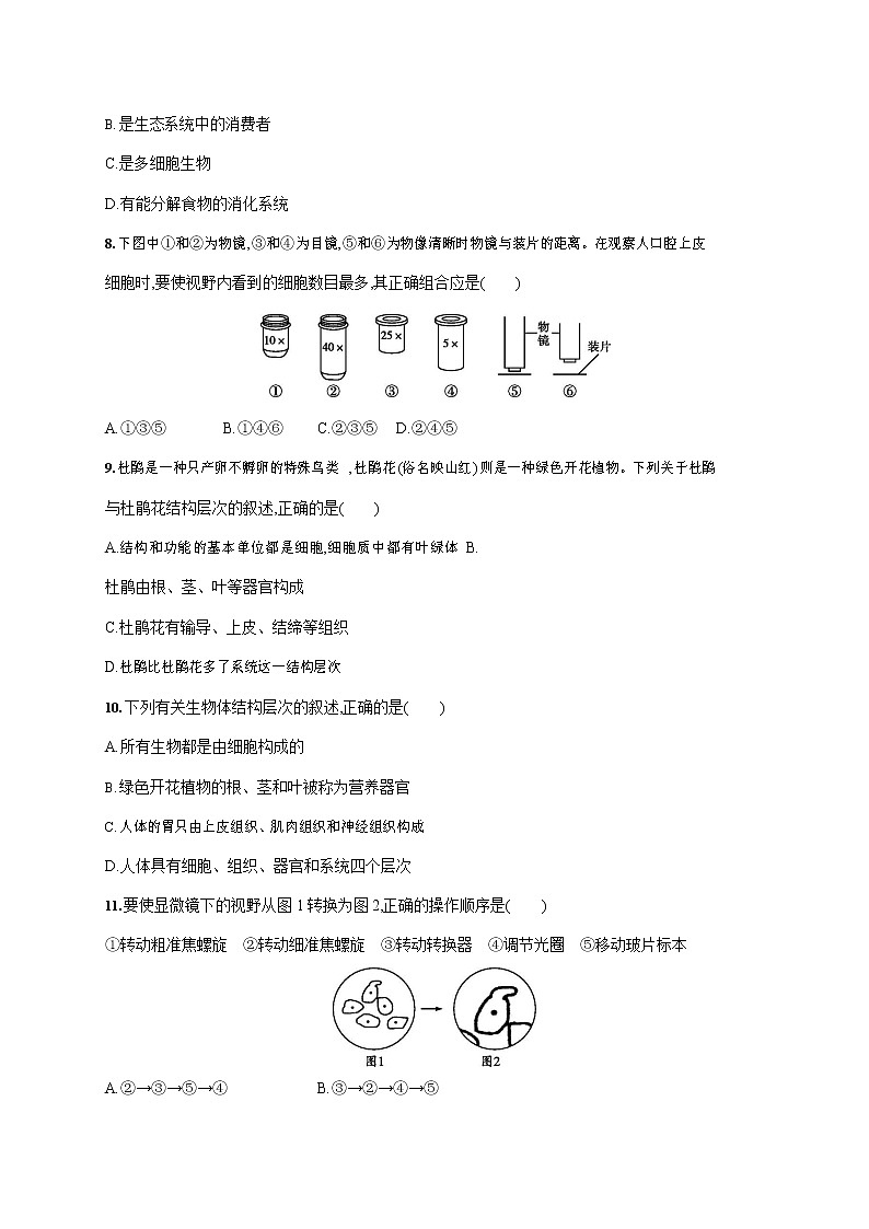 人教版七年级生物上册《期中考试综合检测试卷》测试题及参考答案第2页