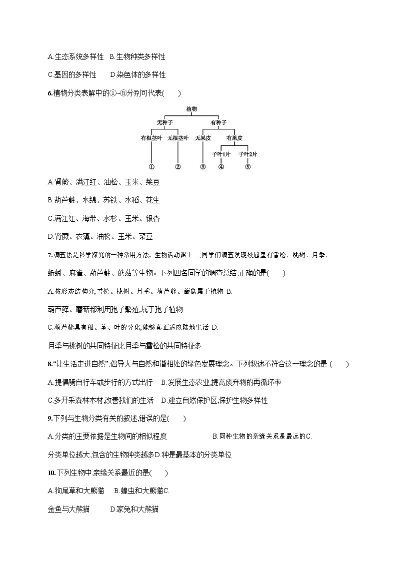 人教版八年级生物上册《第六单元综合测试卷》测试题及参考答案02