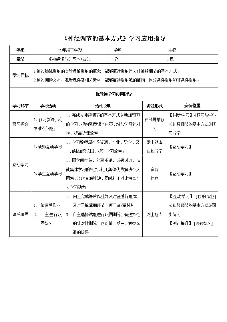 鲁科版（五四制）生物七下 4.6.3神经调节的基本方式》教案201