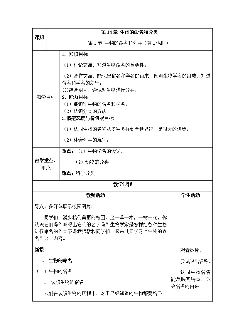苏科版七下生物  14.1生物的命名和分类教案01