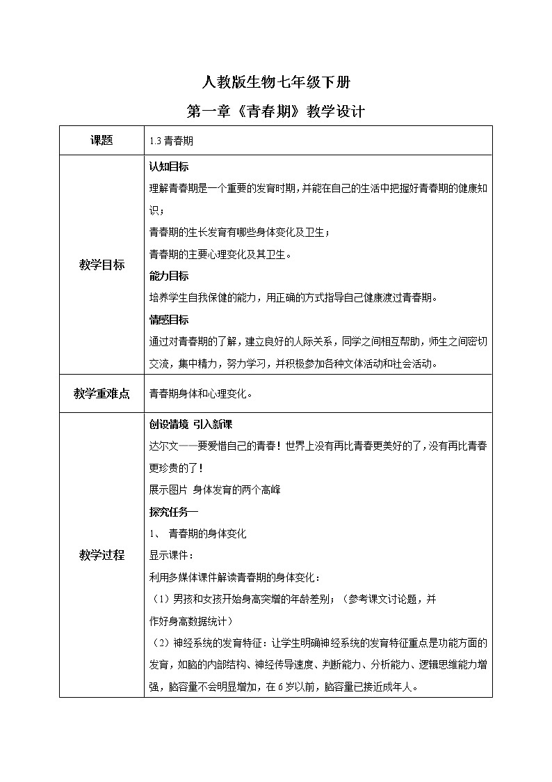 人教版生物七年级下册《青春期》课件（送教案+练习）01