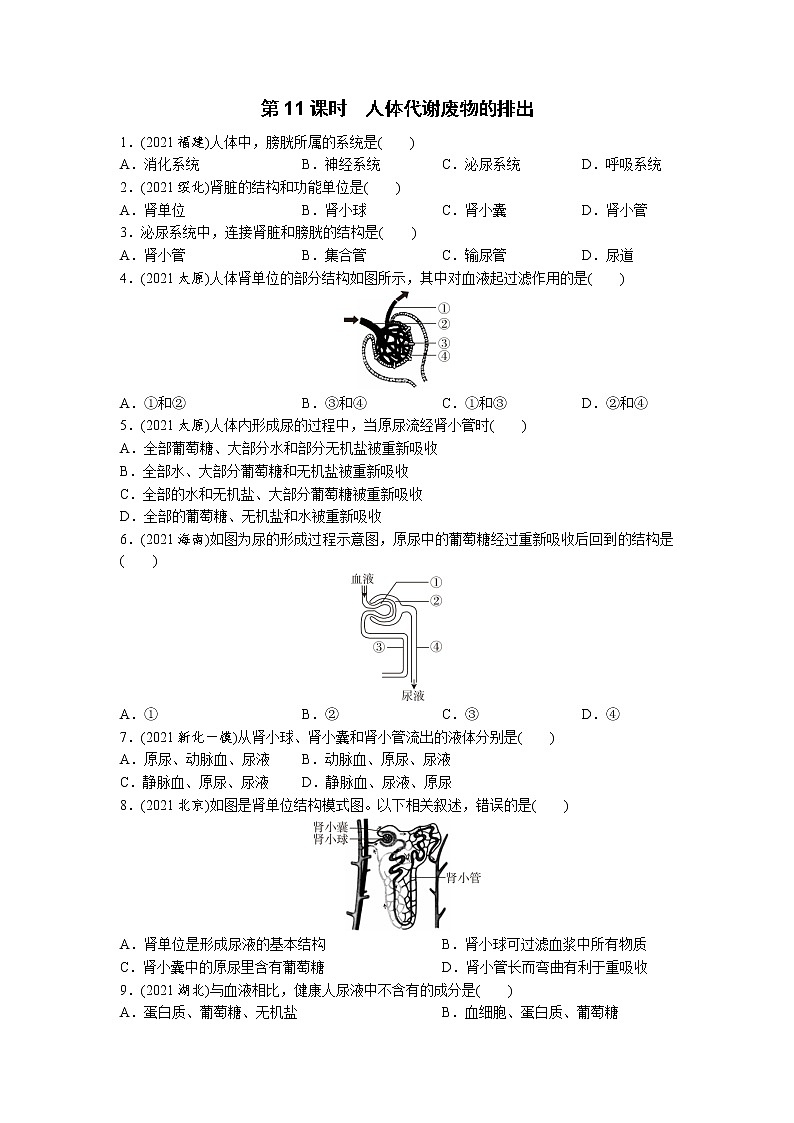11人体代谢废物的排出-2022年中考生物一轮复习微专题考点过关带答案01