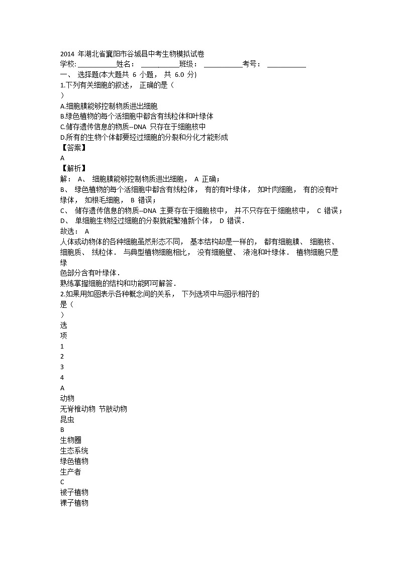 2014 年湖北省襄阳市谷城县中考生物模拟试卷（含答案）01