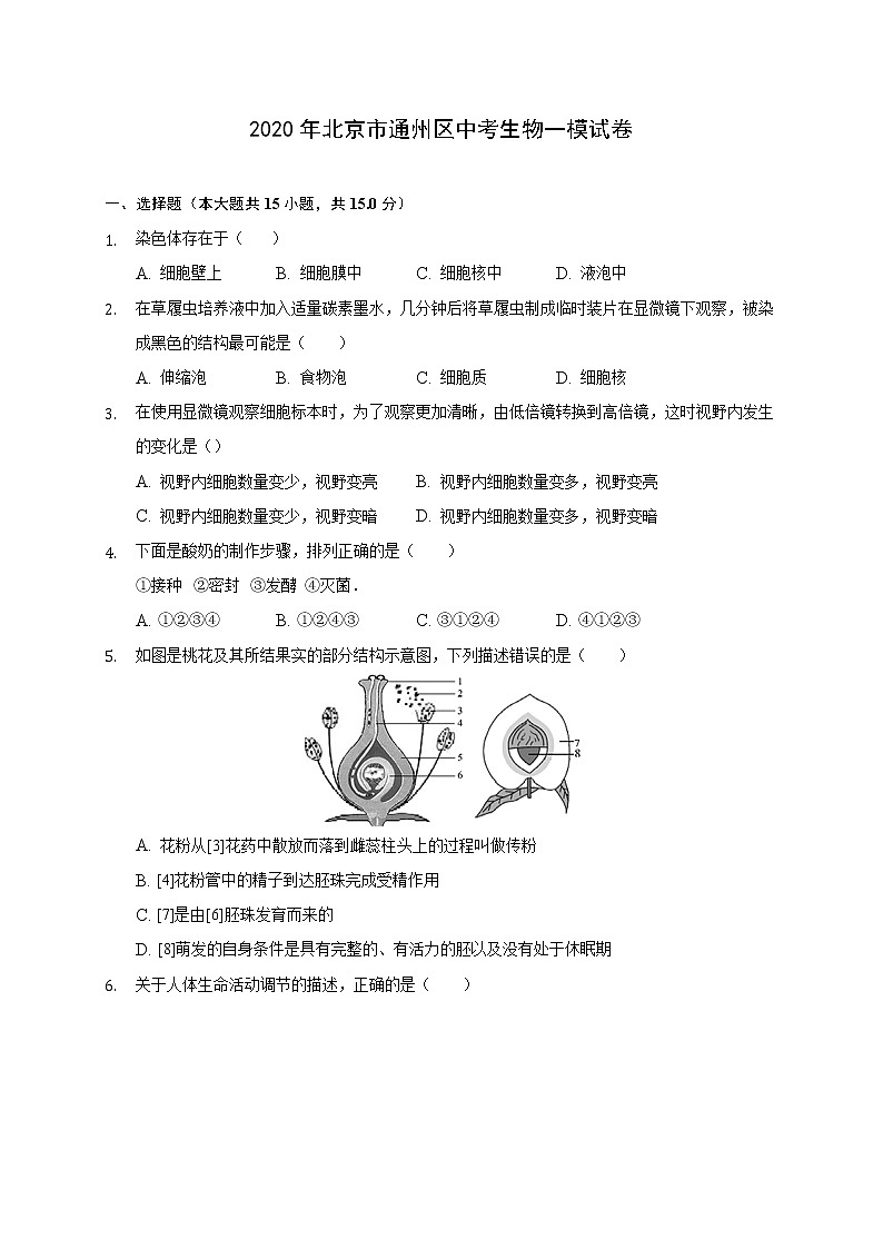 2020年北京市通州区初三一模生物试卷及答案01