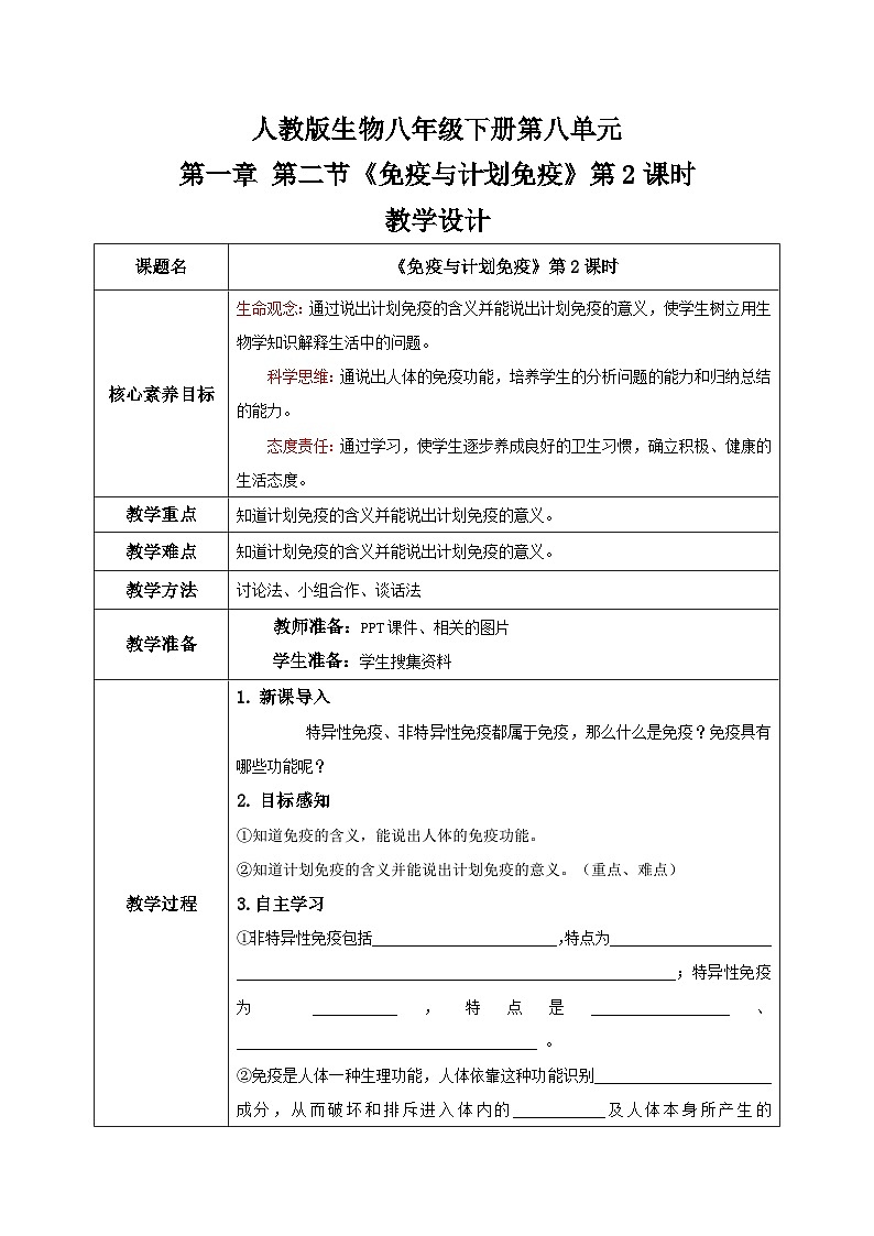 【核心素养目标】人教版初中生物八年级下册8.1.2《免疫与计划免疫》第2课时   课件+视频+教学设计+同步分层练习（含答案）01