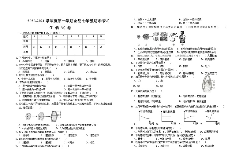 江西省铅山县2020-2021学年七年级上学期期末考试生物试卷（word版 含答案）第1页