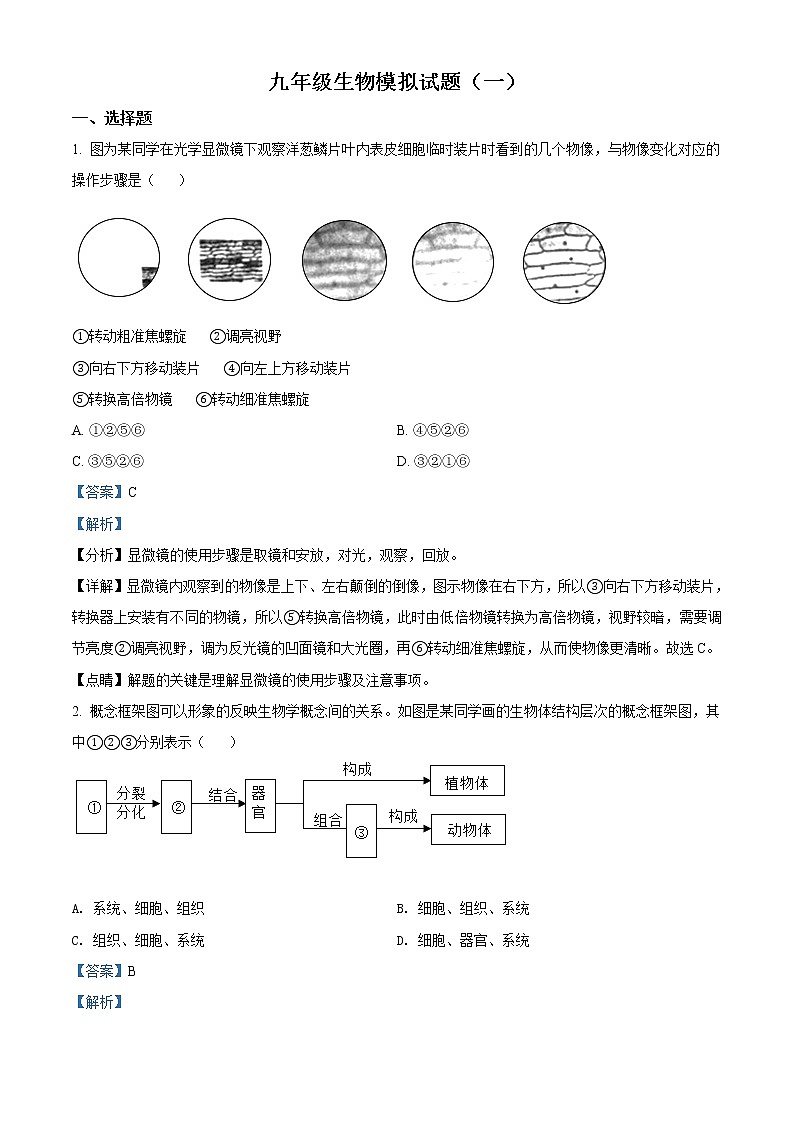 精品解析：2021年山东省菏泽市单县中考一模生物试题（解析版+原卷版）01