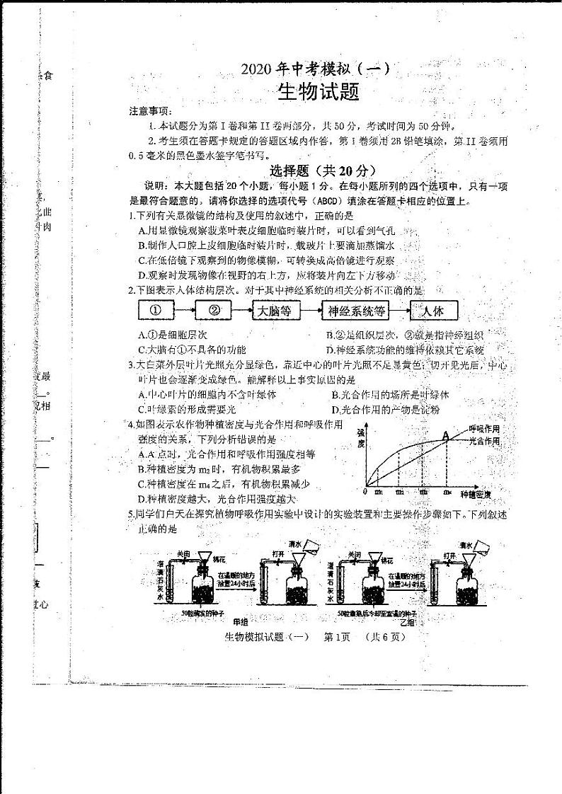 山东省菏泽市东明县2020届九年级中考一模生物试题（扫描版）第1页